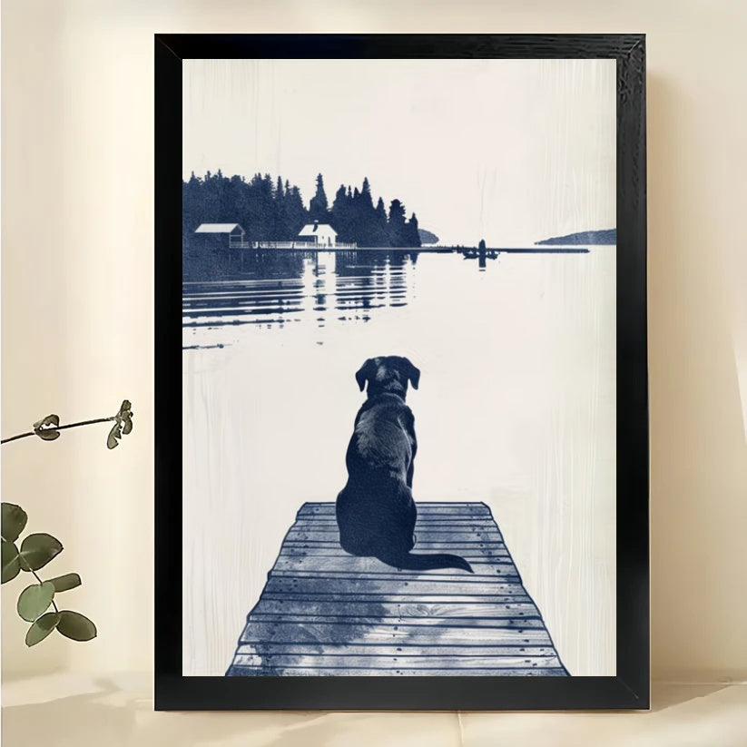 Dog on Dock Lake Landscape Wall Art – Vintage Black & White Dog Canvas Print