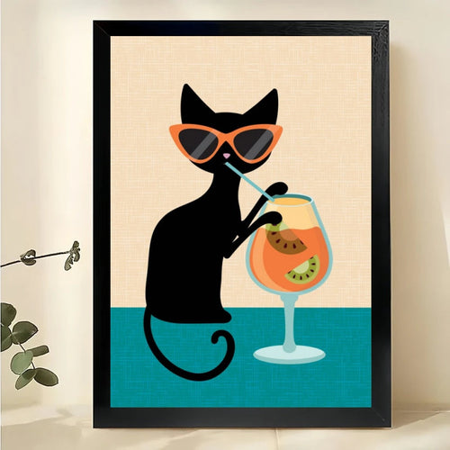 Tropical Cat Cocktail – Stylish Black Cat Wall Art on Natural Wood Canvas