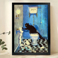 Black Cat Flushing Toilet – Humorous Bathroom Art Parody Wall Art on Natural Wood Canvas