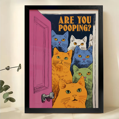Are You Pooping? Colorful Cat Group – Humorous Bathroom Wall Art on Natural Wood Canvas