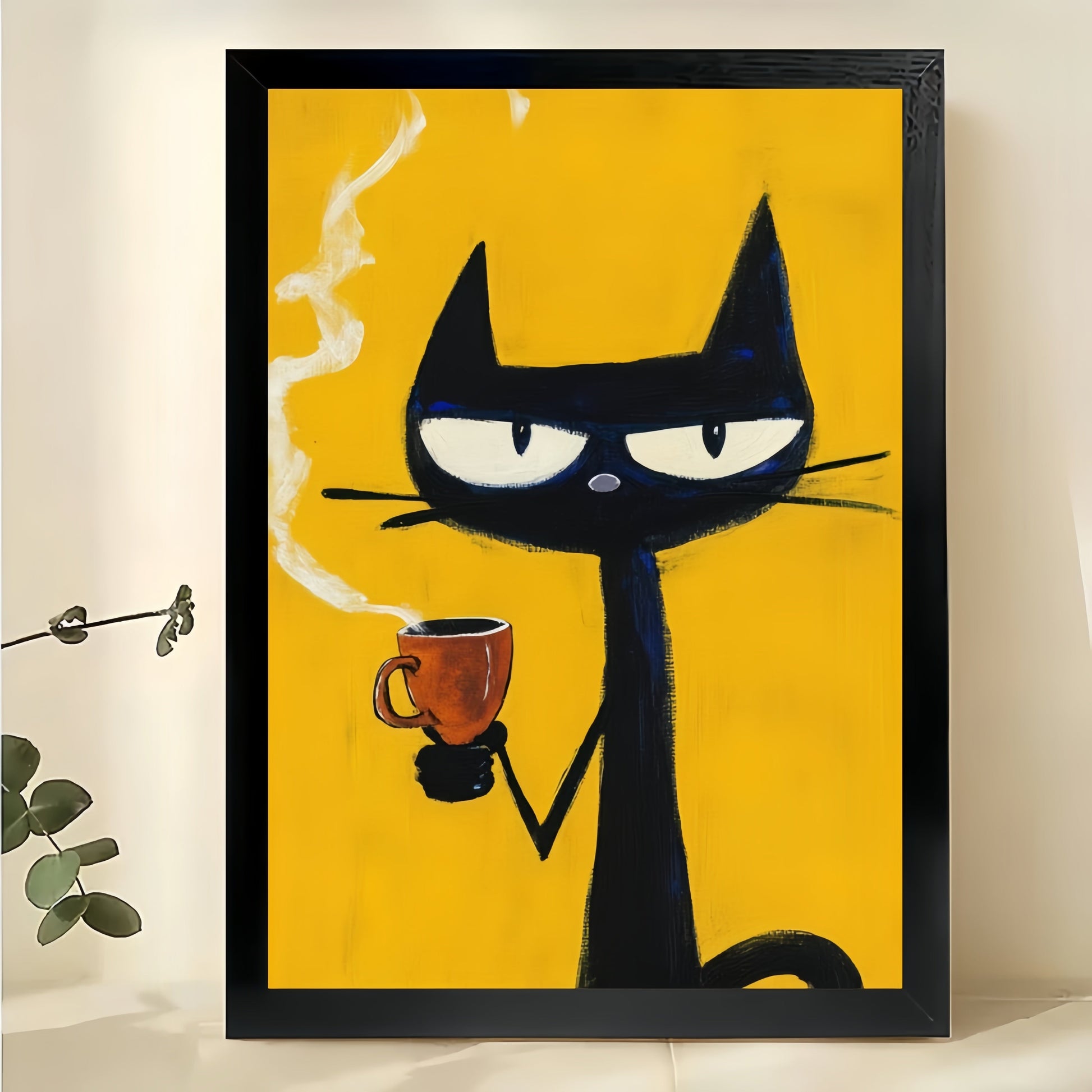 Retro Sassy Black Cat with Coffee Cup – Bold Yellow Background Wall Art on Natural Wood Canvas