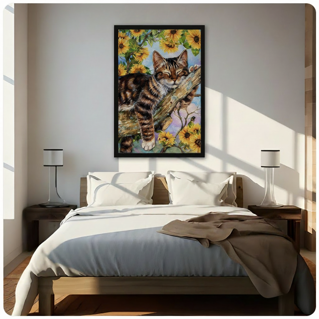 Cat Sunflower Canvas Wall Art – Framed