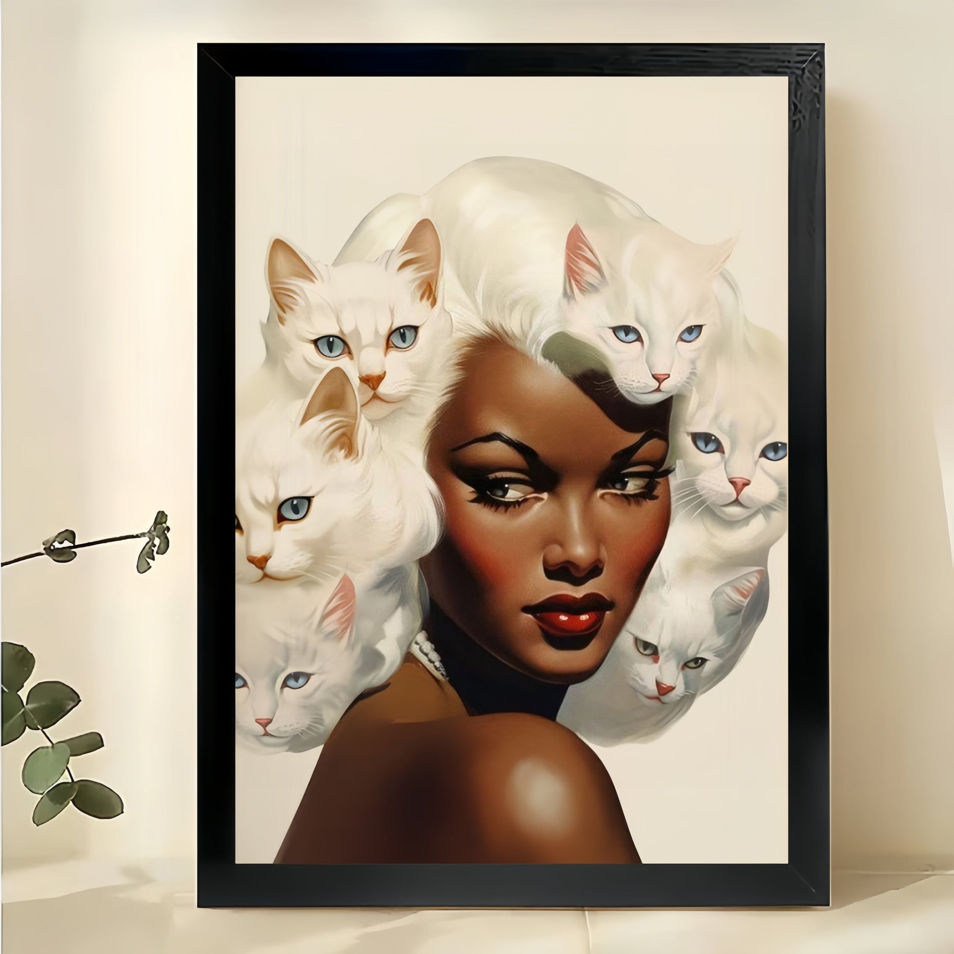 Cat Hair Woman Portrait – Surreal Art Parody Wall Art on Natural Wood Canvas