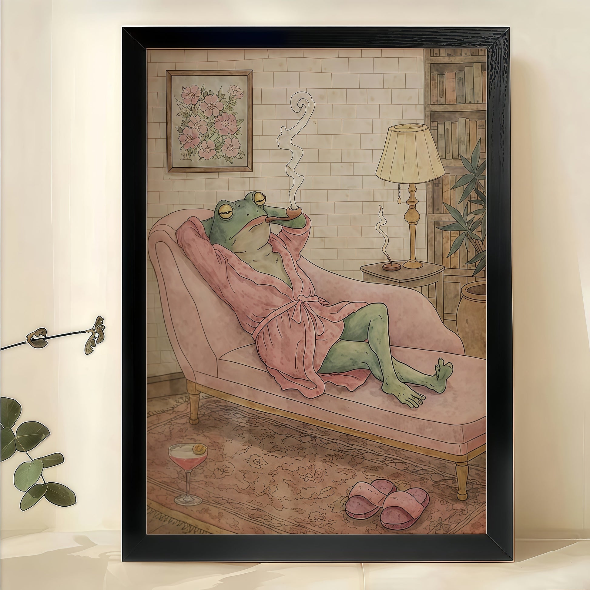 Frog in Pink Robe on Lounge Chair – Retro Whimsical Wall Art on Natural Wood Canvas