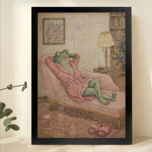 Frog in Pink Robe on Lounge Chair – Retro Whimsical Wall Art on Natural Wood Canvas