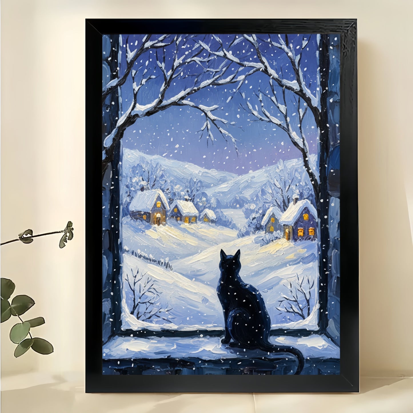 The Snowy Window Black Cat – Cozy Winter Wall Art on Natural Wood Canvas
