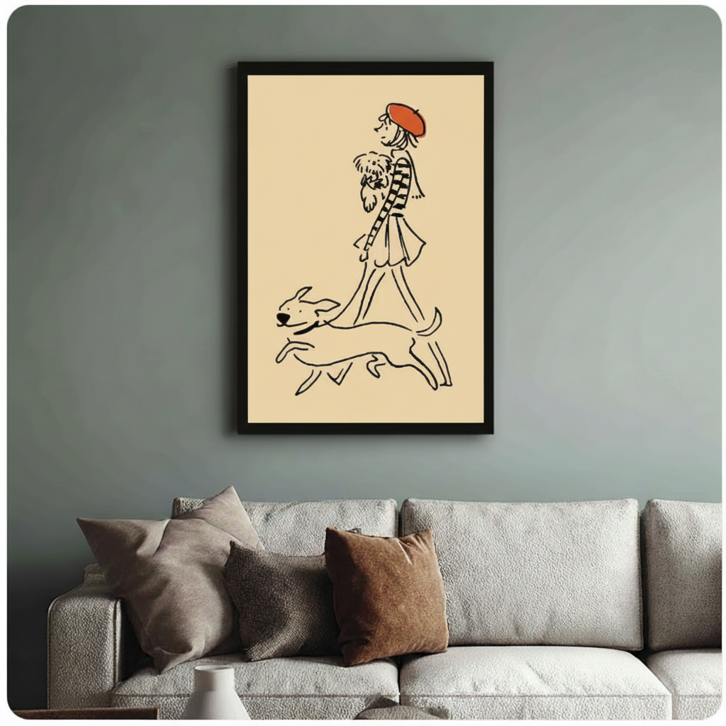 Parisian Girl Dogs Walk Minimalist Line Art Canvas Print
