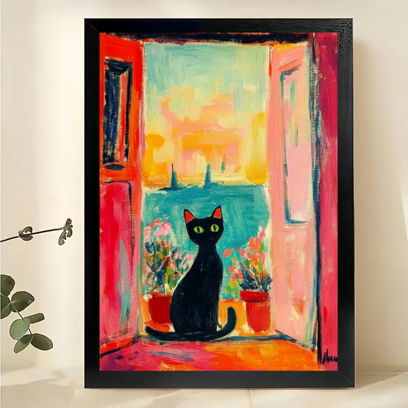 Vibrant Black Cat Balcony Sea View Wall Art – Colorful Fauvist Style Framed Canvas
