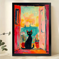 Vibrant Black Cat Balcony Sea View Wall Art – Colorful Fauvist Style Framed Canvas