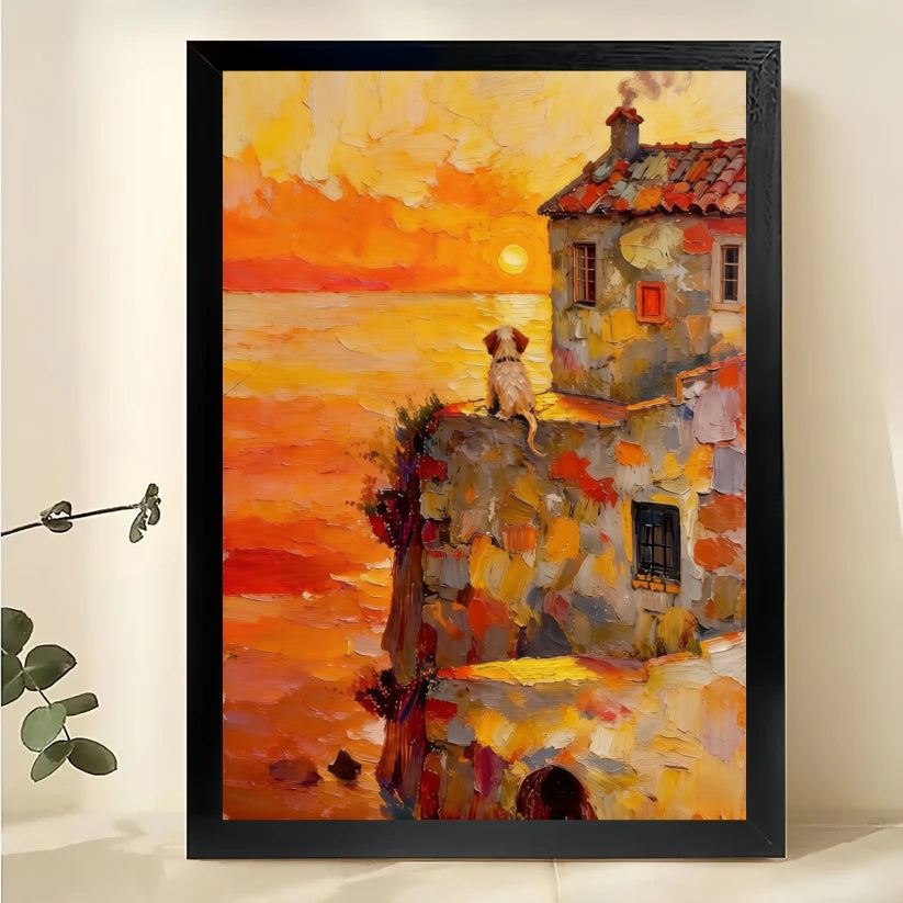 Sunset Seaside Dog Wall Art – Warm Impressionist Dog Canvas Print on Natural Wood Frame