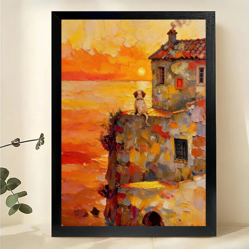 Sunset Seaside Dog Wall Art – Warm Impressionist Dog Canvas Print on Natural Wood Frame