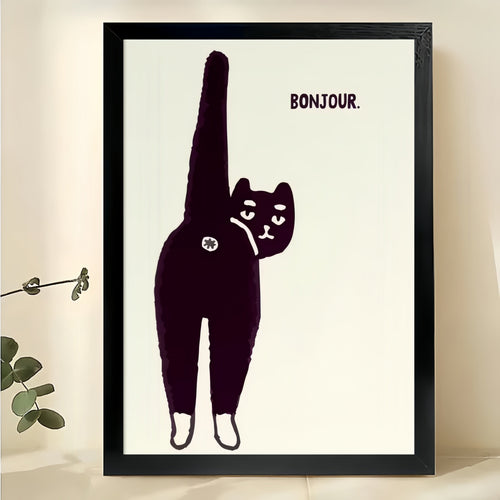 Bonjour Long Leg Black Cat – Minimalist Whimsical Wall Art on Natural Wood Canvas