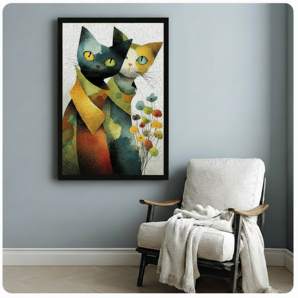 Abstract Cat Couple Floral Wall Art Canvas Print