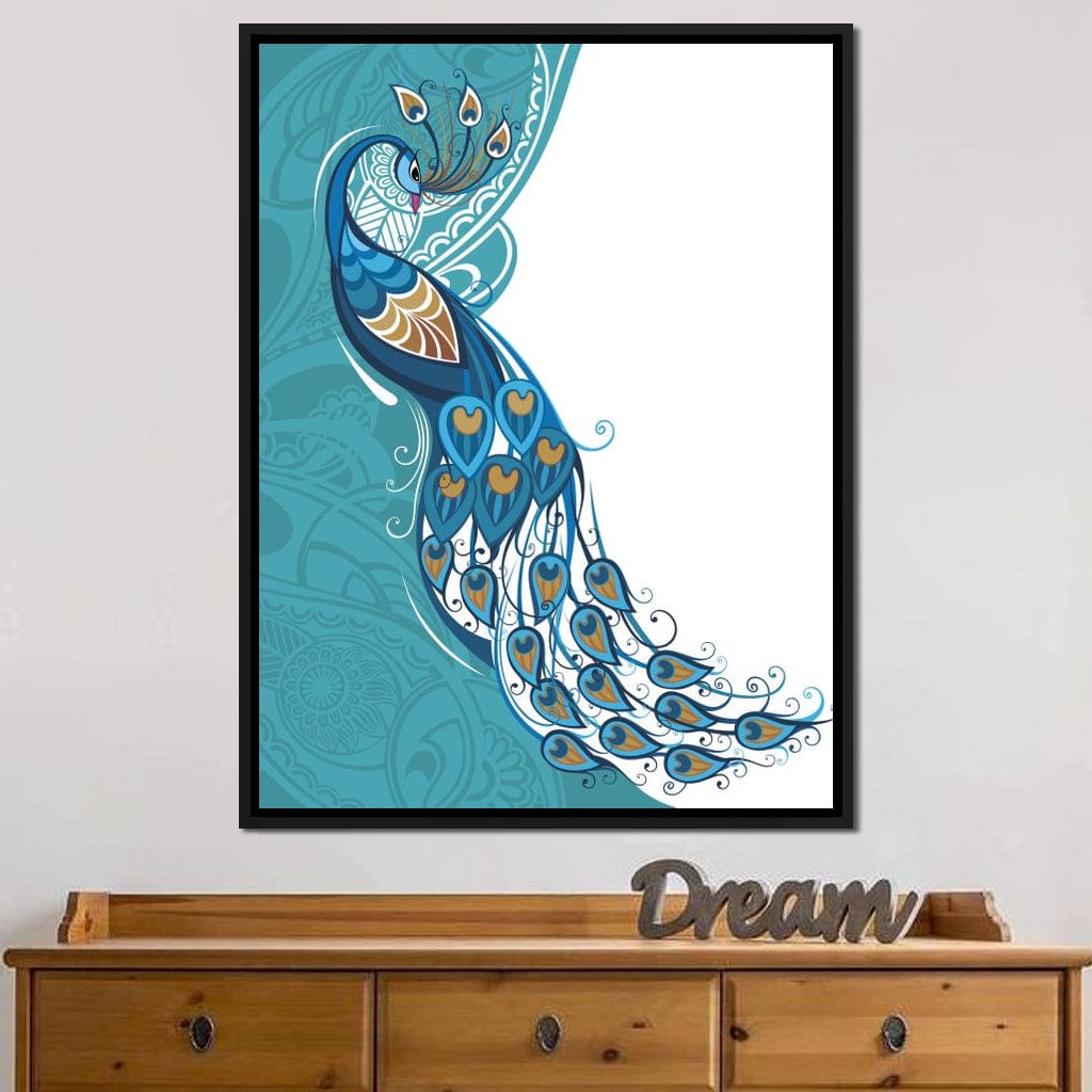 Peacock on Turquoise & White Background Canvas Wall Art