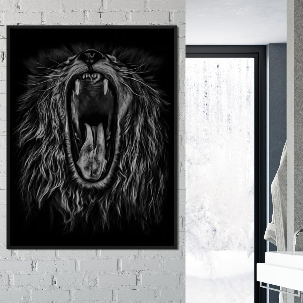 Black and White Roaring Lion Canvas Wall Art