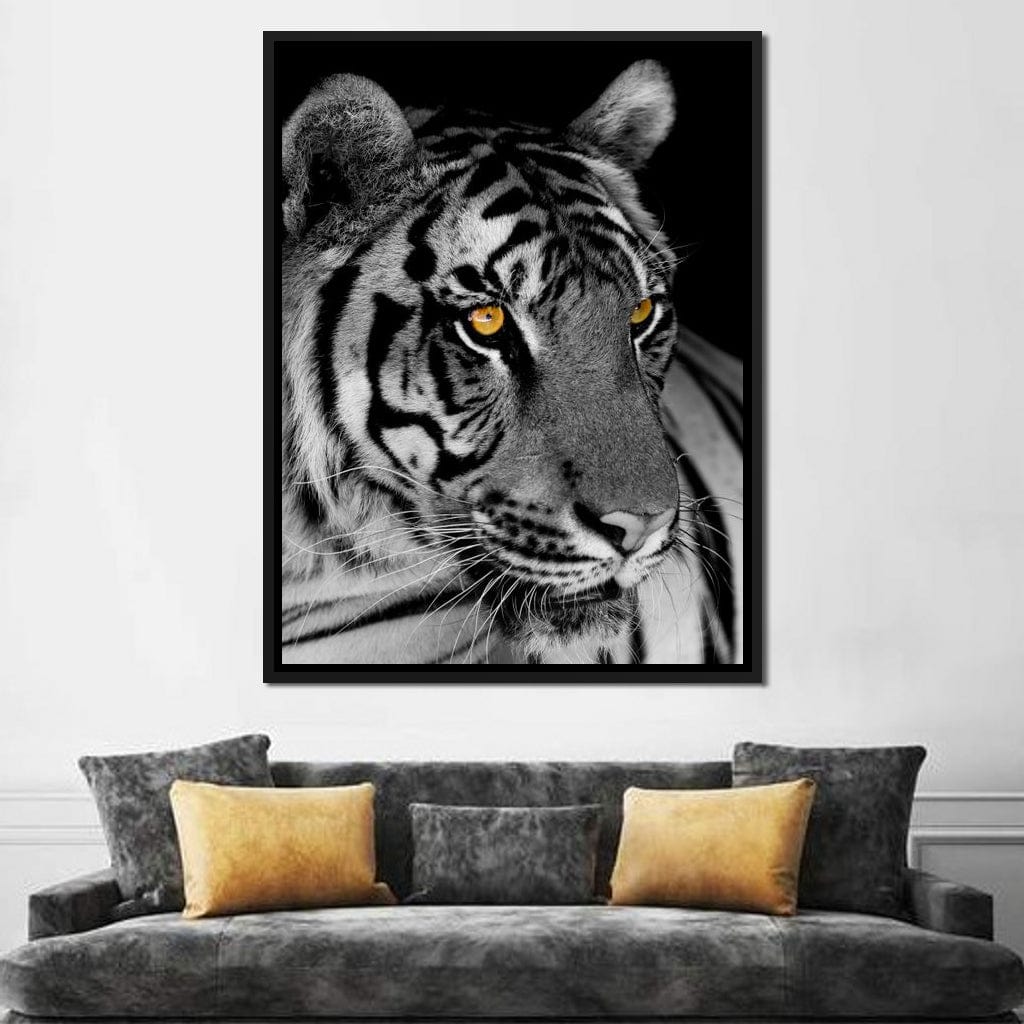 Black and White Tiger with Yellow Eyes Canvas Wall Art