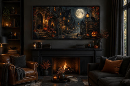 Halloween Village Canvas | Gothic Wall Art With Black Cat & Full Moon Scene