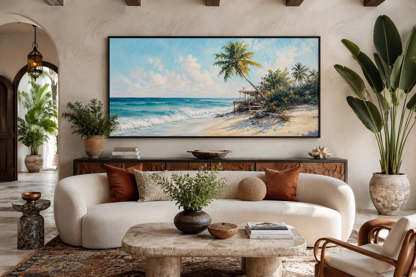 Tropical Beach with Palm Trees and Turquoise Waves, Coastal Wall Art