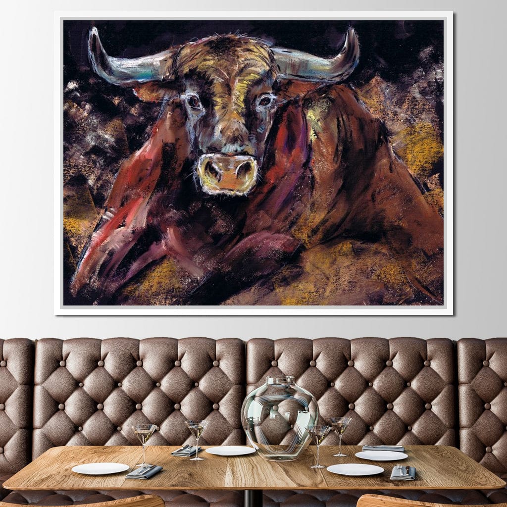 Brown Bull Charge Canvas Wall Art
