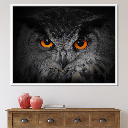 Black & White Owl with Orange Eyes Canvas Wall Art