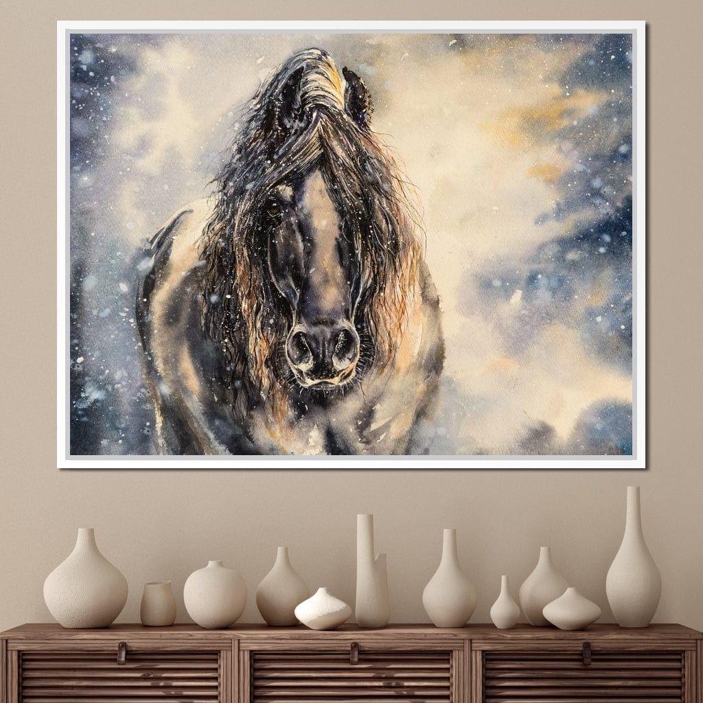 Black Horse in Winter Canvas Wall Art