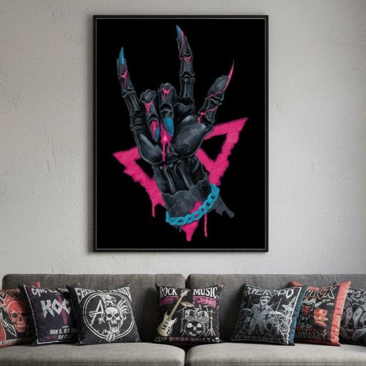 Neon Skeleton Rock Hand Sign Canvas Wall Art