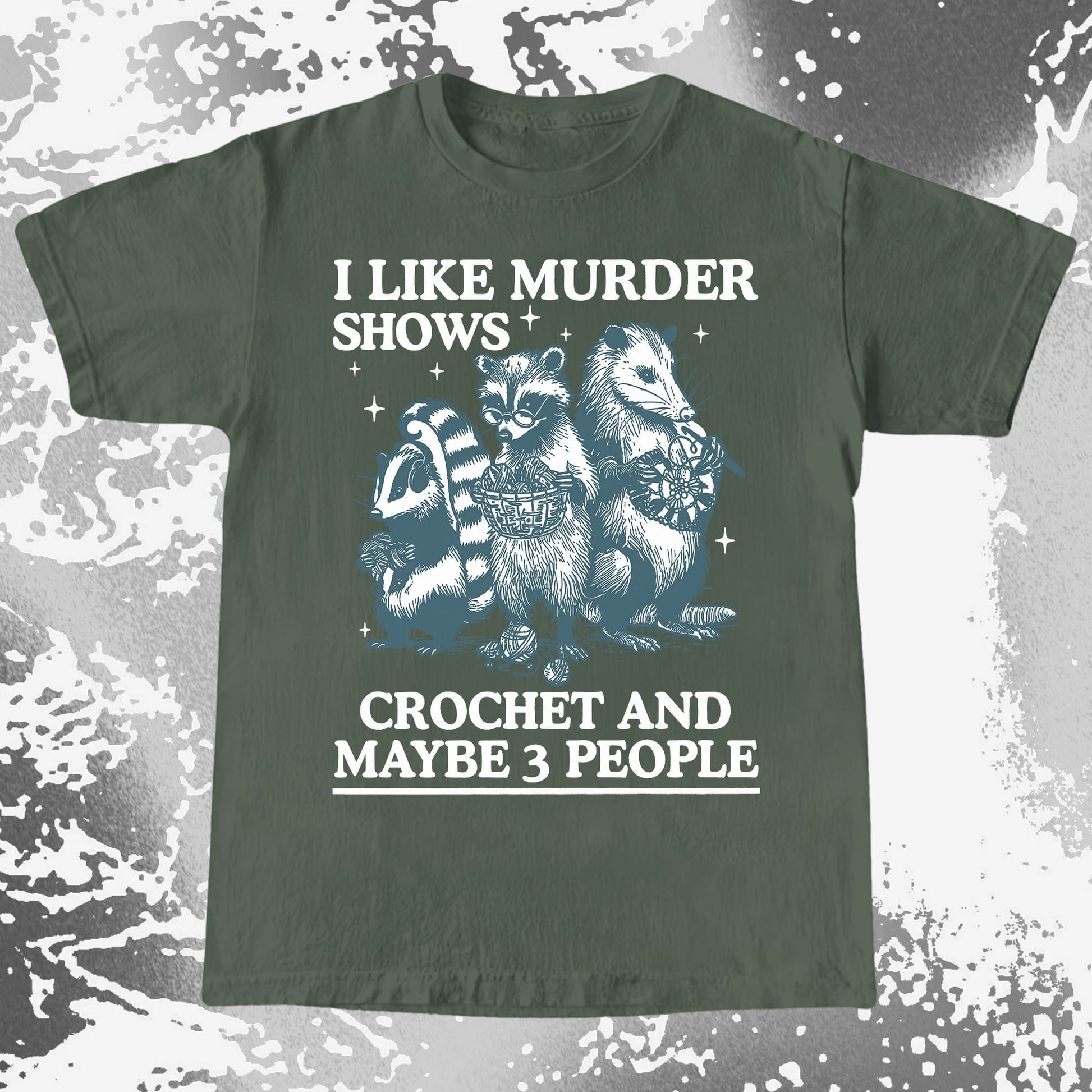 Funny Raccoon Badger Opossum “Murder Shows & Crochet” Shirt, funny meme tee gift (view 5)