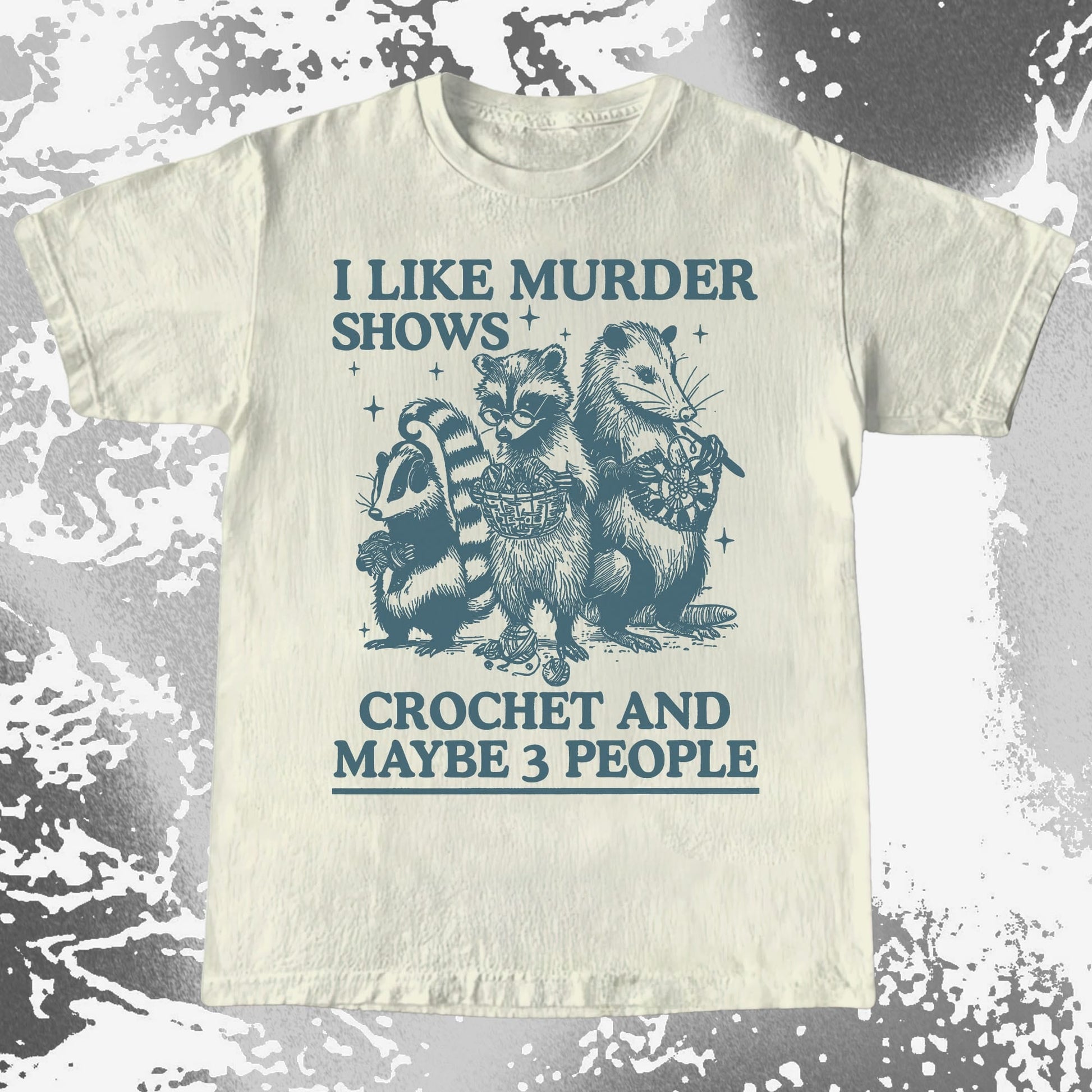Funny Raccoon Badger Opossum “Murder Shows & Crochet” Shirt, funny meme tee gift (view 3)
