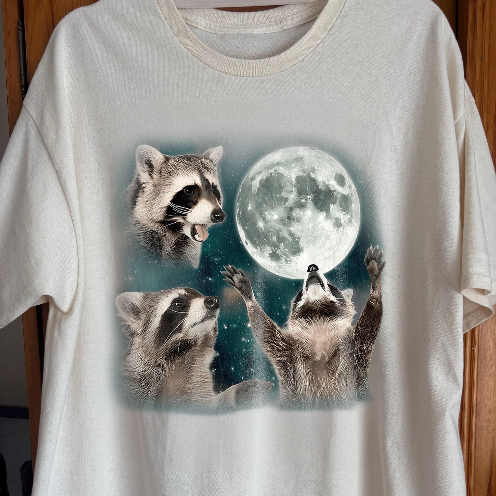 Three Raccoons Howling at the Moon Shirt, funny meme tee gift (view 2)