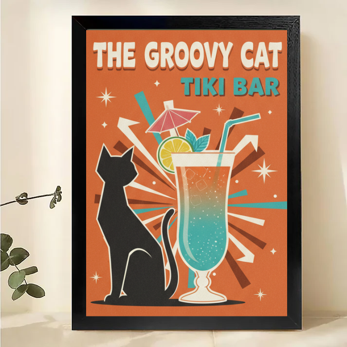 Retro Tiki Bar Cat Art - Vintage Tropical Wall Decor Print Canvas Wall Art