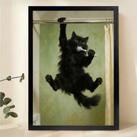 Black Cat Brushing Teeth Wall Art – Chaotic Funny Cat Canvas Print on Natural Wood Frame