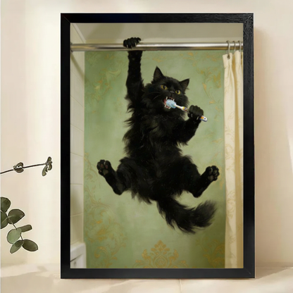 Black Cat Brushing Teeth Wall Art – Chaotic Funny Cat Canvas Print on Natural Wood Frame