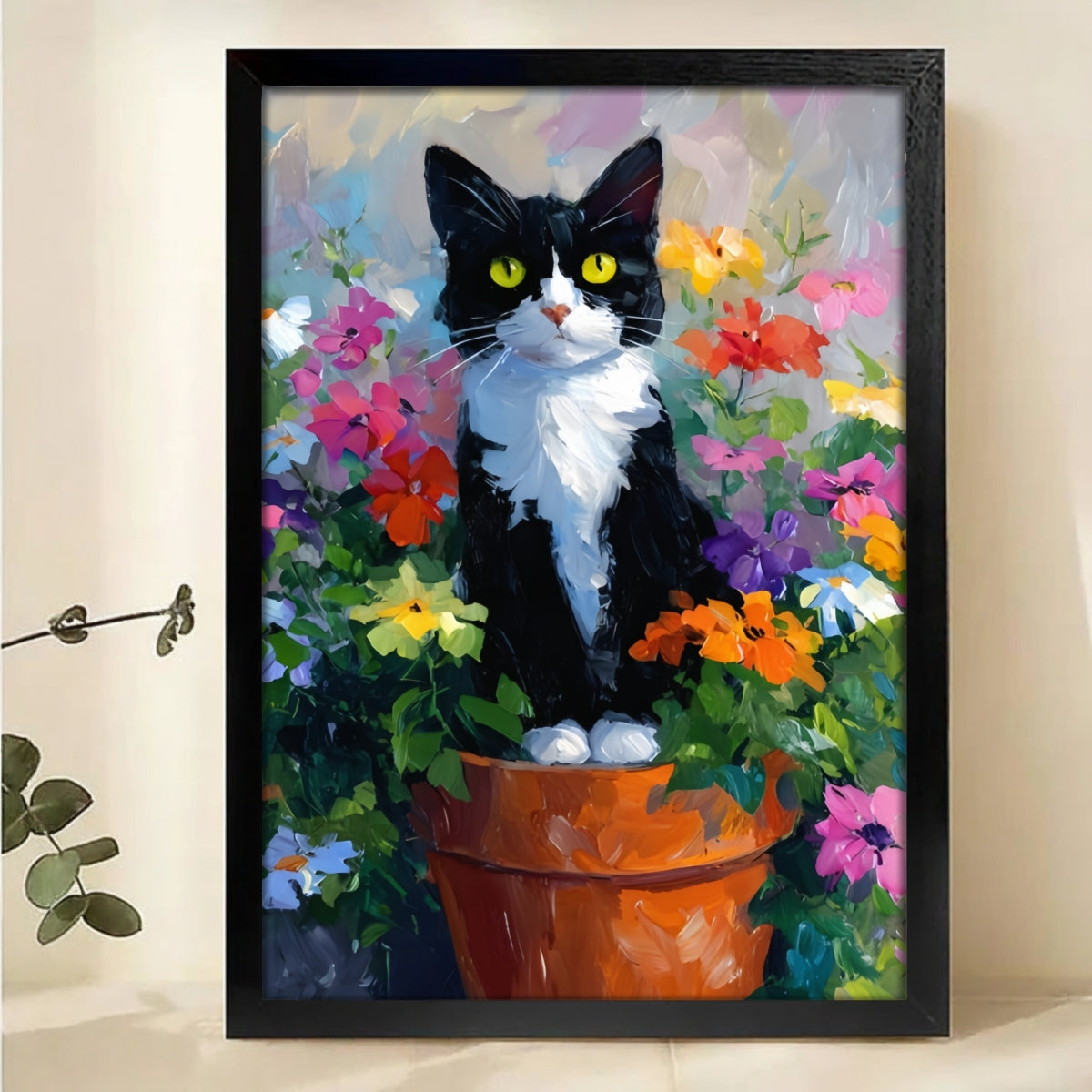 Tuxedo Cat in Flower Pot Canvas Wall Art - Colorful Garden Print
