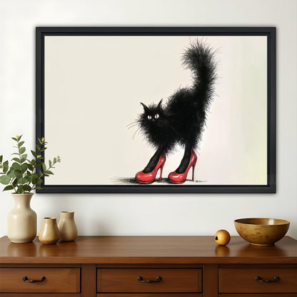 The Red-Heeled Black Cat – Retro Playful Wall Art on Natural Wood Canvas