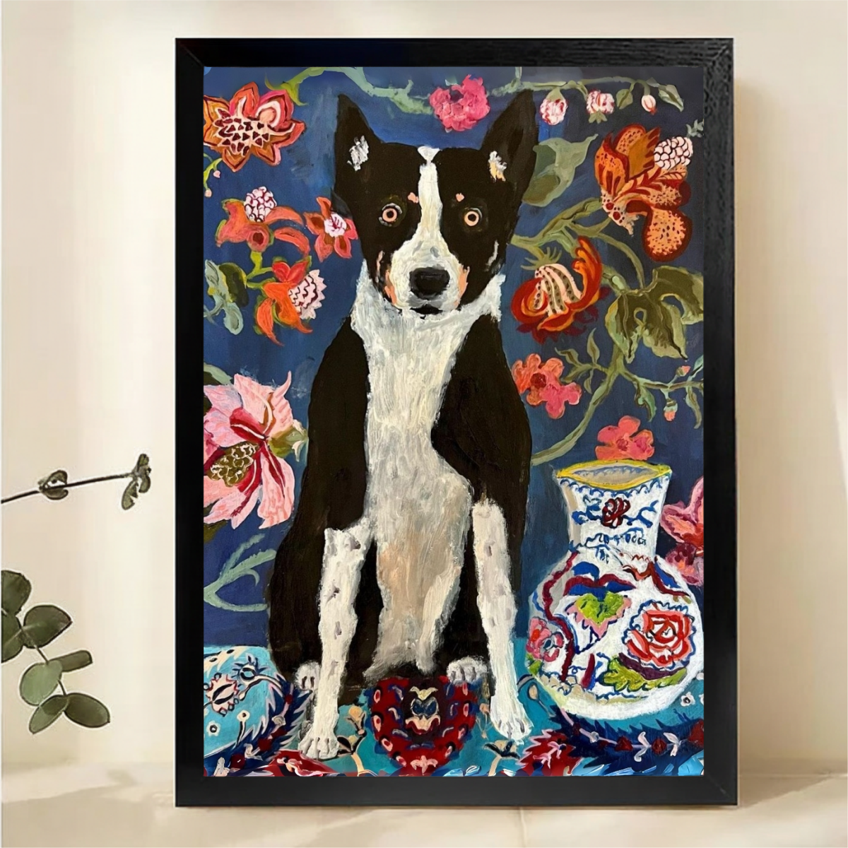 Dog with Floral Garden Wall Art - Colorful Portrait Print