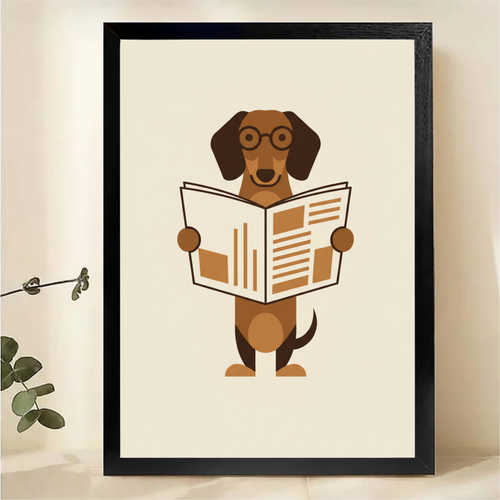 Dachshund Reading Newspaper Wall Art - Minimalist Dog Print