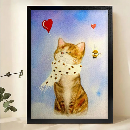 Cat with Heart Balloons Watercolor Art - Whimsical Bee and Kitten Print Canvas Wall Art