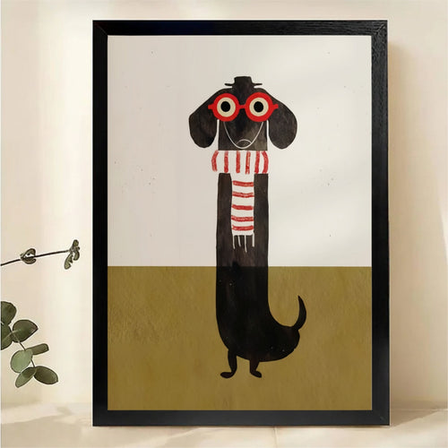 Hipster Dachshund in Glasses and Scarf Wall Art - Minimalist Illustrated Canvas Print