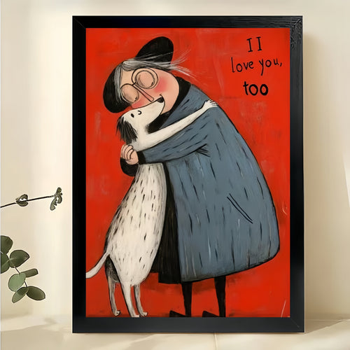 The I Love You 100 Hugging Figure & Dog – Warm Retro Wall Art on Natural Wood Canvas