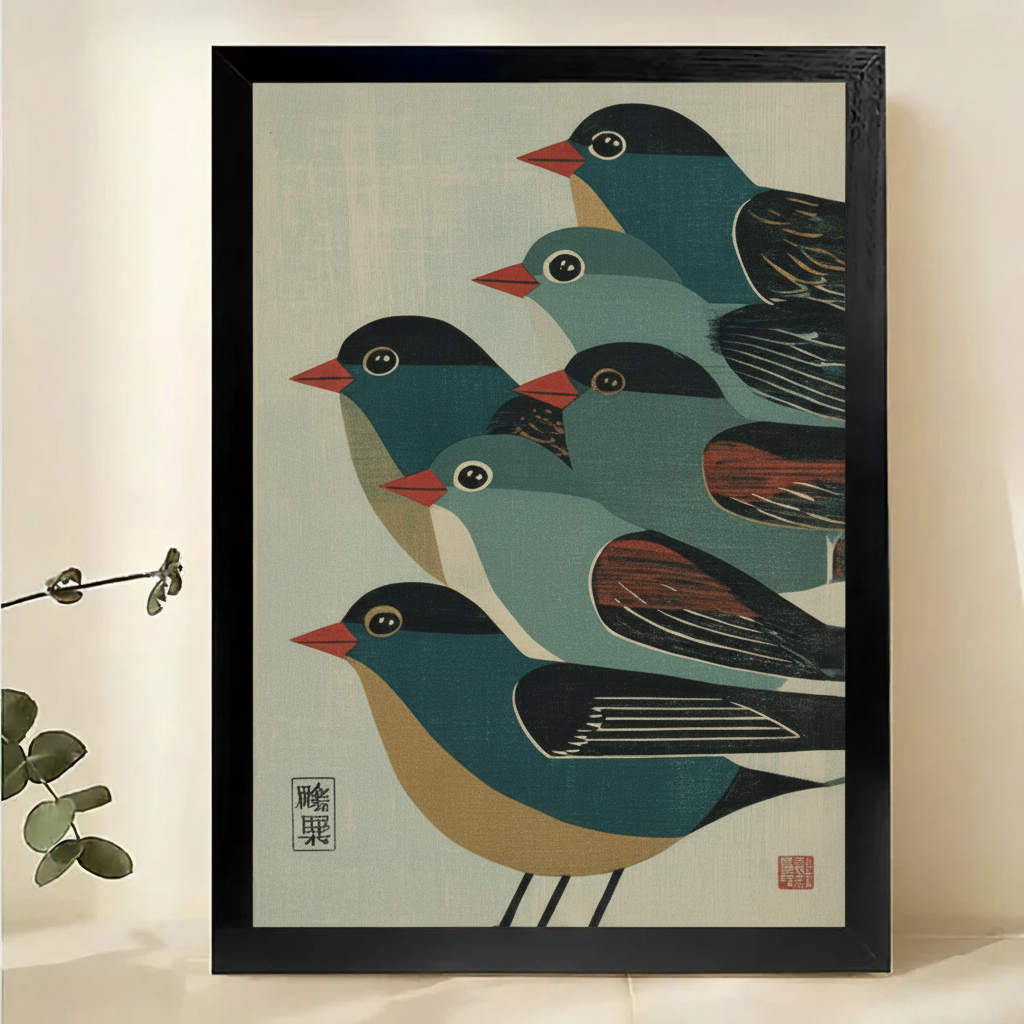 Japanese Style Songbirds Wall Art – Minimalist Woodblock Bird Canvas Print on Natural Wood Frame