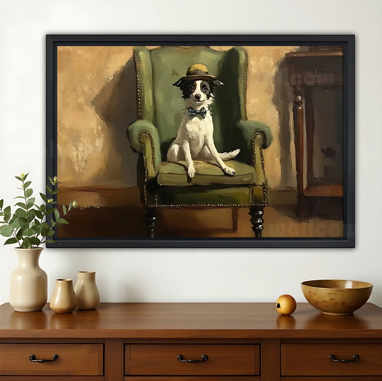 The Gentleman Pup on Green Chair – Vintage Elegant Wall Art on Natural Wood Canvas