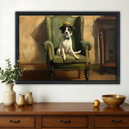 The Gentleman Pup on Green Chair – Vintage Elegant Wall Art on Natural Wood Canvas