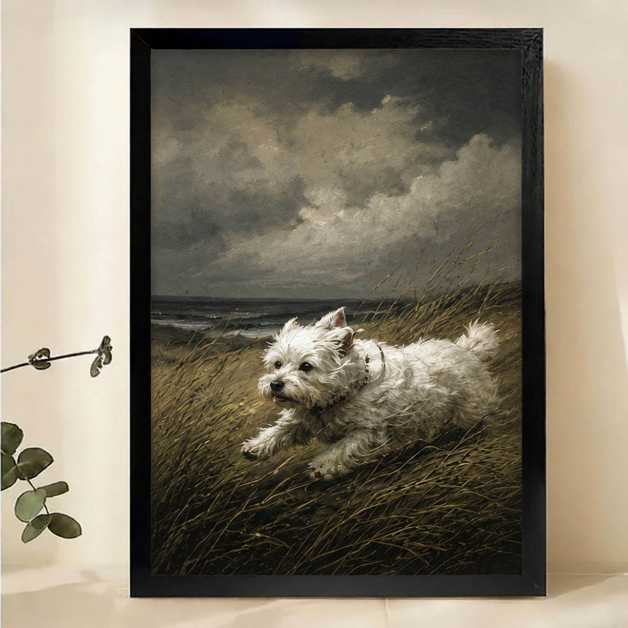 West Highland Terrier Running on the Dunes Wall Art – Dramatic Vintage Dog Canvas Print on Natural Wood Frame