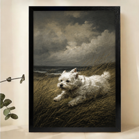 West Highland Terrier Running on the Dunes Wall Art – Dramatic Vintage Dog Canvas Print on Natural Wood Frame