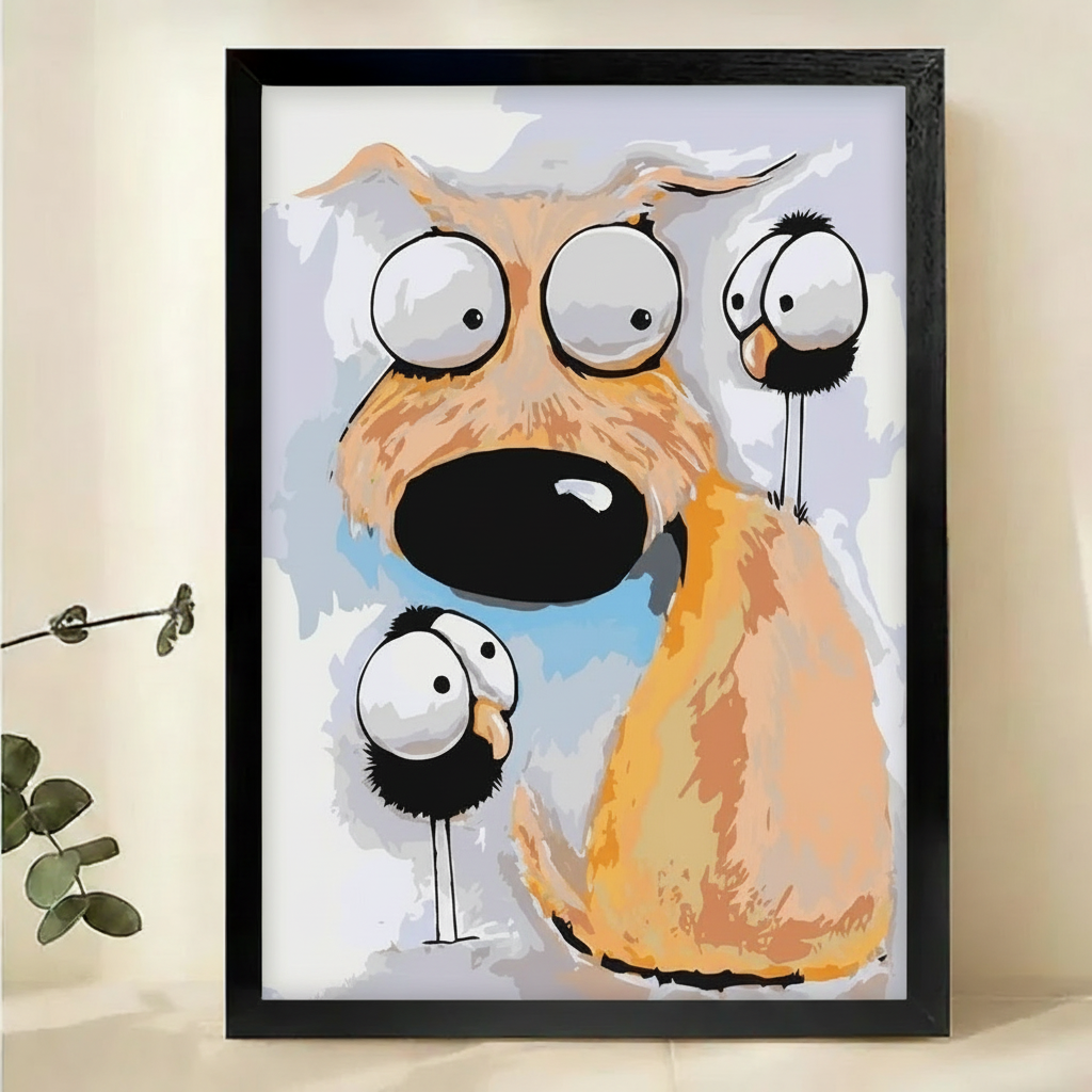 Big-Eyed Dog & Two Funny Birds Wall Art – Whimsical Cartoon Canvas Print on Natural Wood Frame