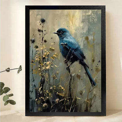 Blue Bird Watercolor Wall Art - Wildflower Nature Print