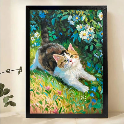 Kitten in Garden Wall Art - Impressionist Floral Canvas Print