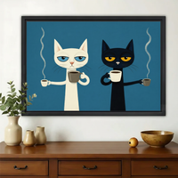 Grumpy White & Black Cats with Coffee Wall Art – Mid-Century Modern Canvas Print on Natural Wood Frame