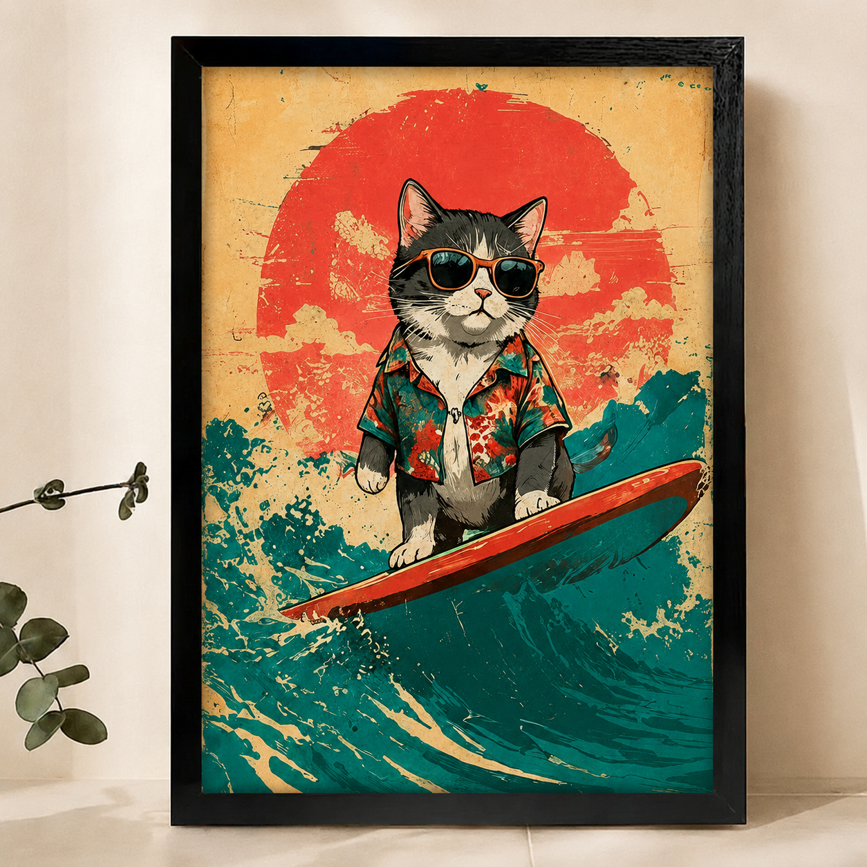 Surfing Cat Wall Art – Retro Vintage Cat Canvas Print on Natural Wood Frame