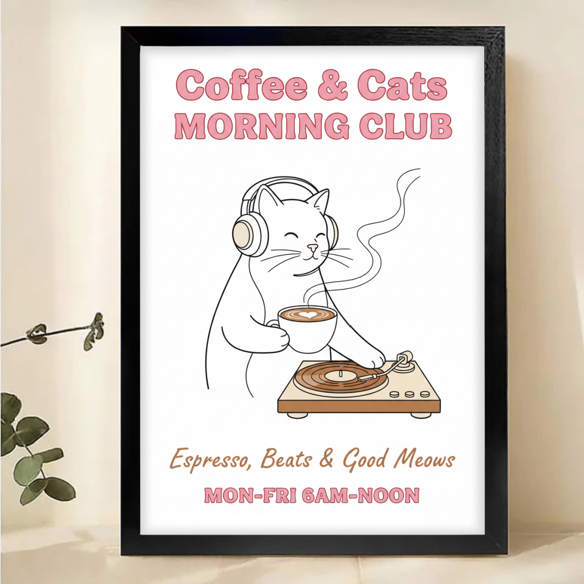 Coffee & Cats Morning Club Art Print - Music Lover Wall Decor Canvas Wall Art